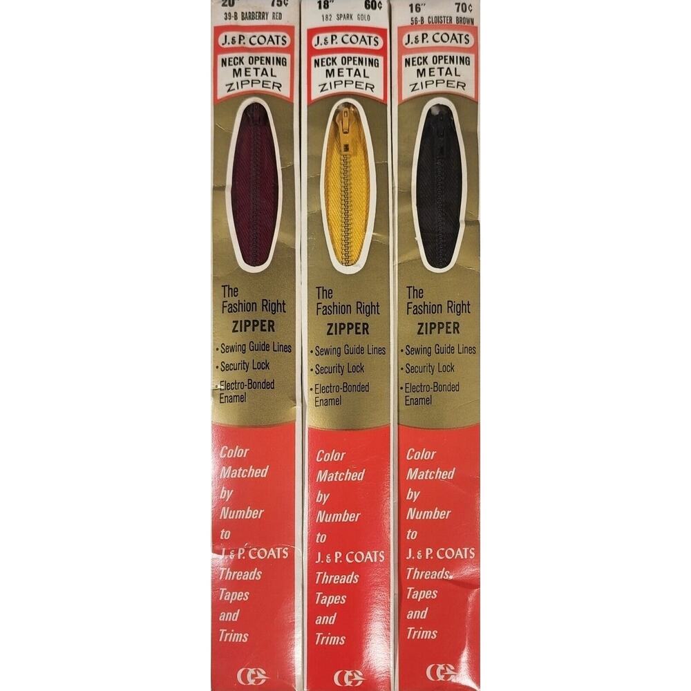 Lot Of 3 Vintage Metal Zippers Coats & Clark's 22" Red 18" Yellow 16" Brown